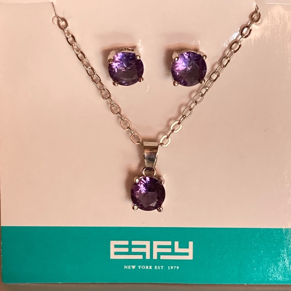 NWOT - New EFFY Silver Tone Necklace, Amethyst Pendant & Matching Earrings